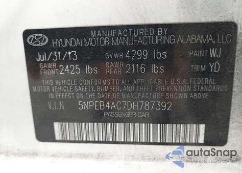 2013 Hyundai Sonata Gls from USA, damaged, VIN 5NPEB4AC7DH787392